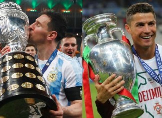 Messi y Cristiano Ronaldo ganaron su primer título con la selección en el mismo día 10 julio. Foto La Hora: AP