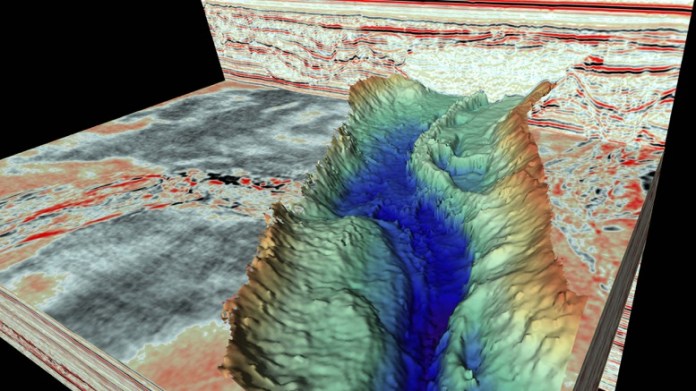 Imagen de cerca de un esker (un molde sedimentario de un canal de agua de deshielo formado debajo de una capa de hielo), descubierto dentro de un valle de túnel utilizando los nuevos datos de reflexión sísmica 3D. Foto la hora: JAMES KIRKHAM. / Europa Press/dpa