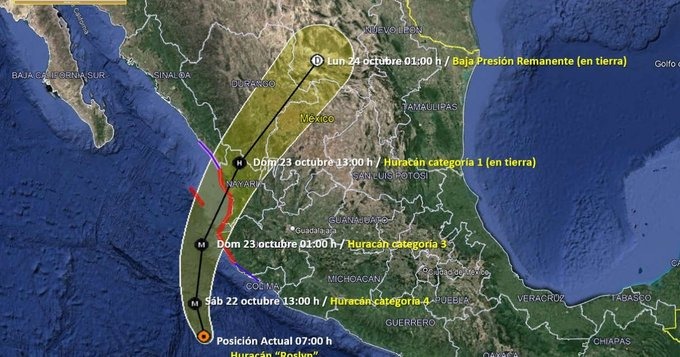 Huracán Roslyn sube a categoría 3 y se acerca a costa pacífica de México