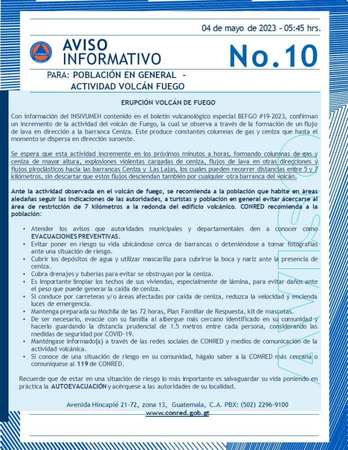 Este es el aviso que emitió la CONRED ante la creciente actividad que presenta el volcán de Fuego. Imagen: CONRED. 