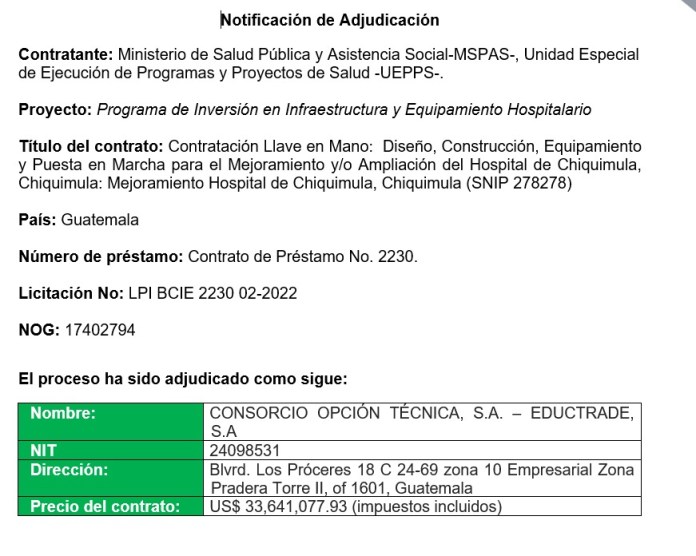 Notificación de adjudicación.