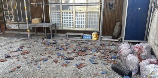 Tejas tiradas por el suelo tras un sismo en Kisarazu