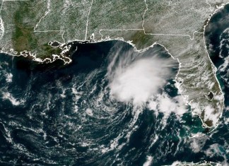 Esta imagen satelital de GOES-East GeoColor tomada el viernes 2 de junio de 2023 a la 1:21 p.m. y proporcionada por la Oficina Nacional de Administración Oceánica y Atmosférica (NOAA por sus siglas en inglés), muestra a la tormenta tropical Arlene, la primera con nombre de la temporada del Atlántico, en el Golfo de México, frente a la costa oeste de Florida. Foto: AP / La Hora.