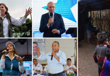 En la imagen, los candidatos a la presidencia, Sandra Torres, edmond mulet, Zury Ríos y Manuel Conde. Del otro lado, una familia guatemalteca de escasos recursos.