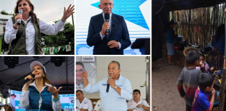 En la imagen, los candidatos a la presidencia, Sandra Torres, edmond mulet, Zury Ríos y Manuel Conde. Del otro lado, una familia guatemalteca de escasos recursos.