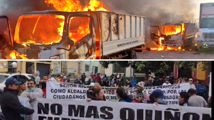 En la imagen (1) dos camiones fueron quemados en una protesta en el municipio de Chinautla, tras los resultados de la comuna. En la imgen (2) un grupo de guatemaltecos muestran su descontento por los resultados de la Municipalidad Central.
