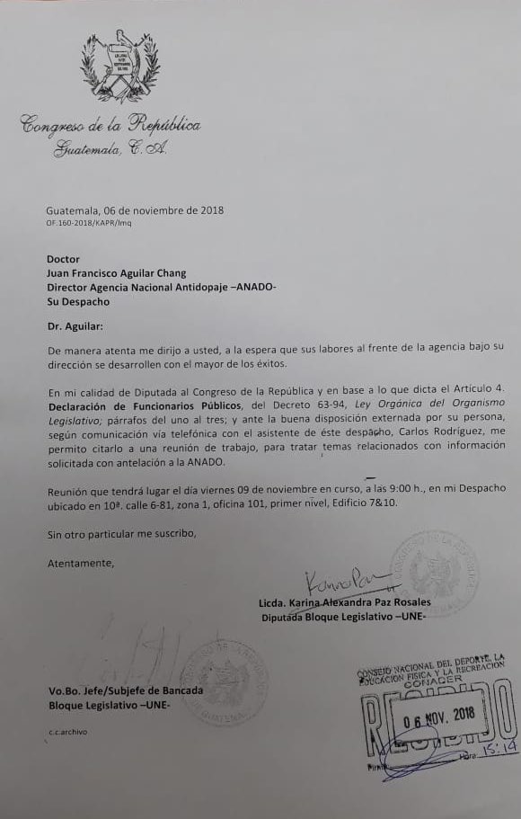 Oficio compartido por la diputada Karina Paz.