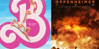 Esta combinación de imágenes muestra el arte promocional de "Barbie", a la izquierda, y "Oppenheimer".