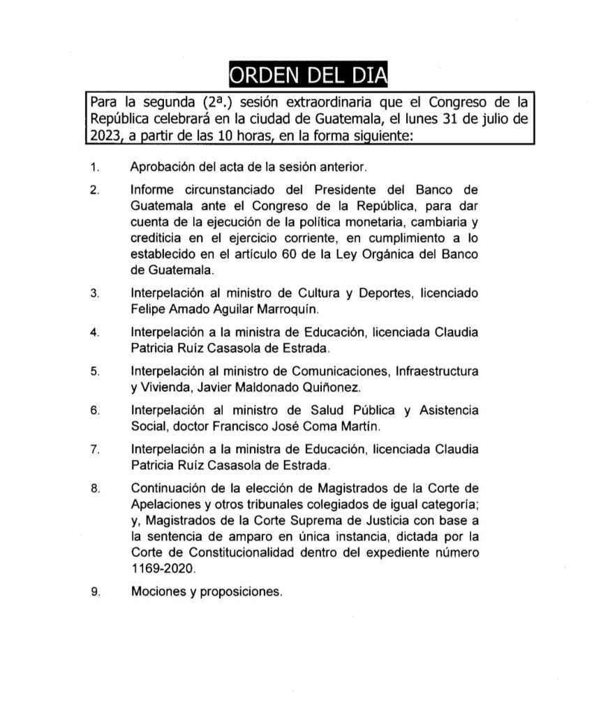 En el punto 8 de la agenda se puede observar que uno de los puntos a tratar el lunes será la continuación de la elección de Cortes.