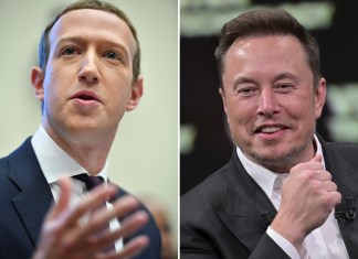 Elon Musk, durante su visita a la feria de innovación y nuevas empresas de tecnología Vivatech en la Porte el centro de exposiciones de Versailles en París el 16 de junio de 2023 (derecha) y el fundador de Facebook, Mark Zuckerberg, testificando ante el Comité de Servicios Financieros de la Cámara en el edificio de oficinas Rayburn House en Washington.