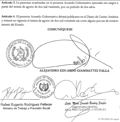 El acuerdo fue firmado por el presidente, Alejandro Giammattei.