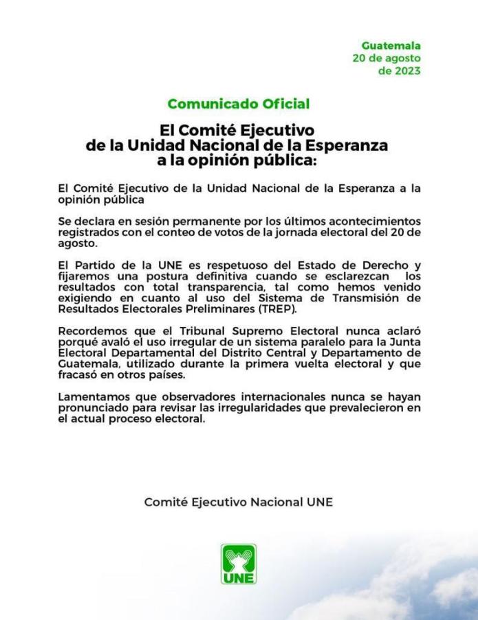 El partido Unidad de la Esperanza (UNE), emitió un comunicado tras su derrota con Bernardo Arévalo de Semilla. 