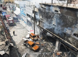 Vista aérea de la zona donde explotó un establecimiento comercial en San Cristóbal, República Dominicana el 15 de agosto de 2023.