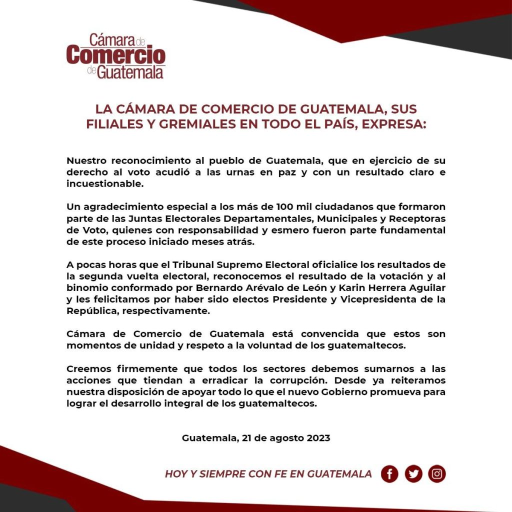 Comunicado de la Cámara de Comercio ante el resultado de las elecciones de la segunda vuelta presidencial. 