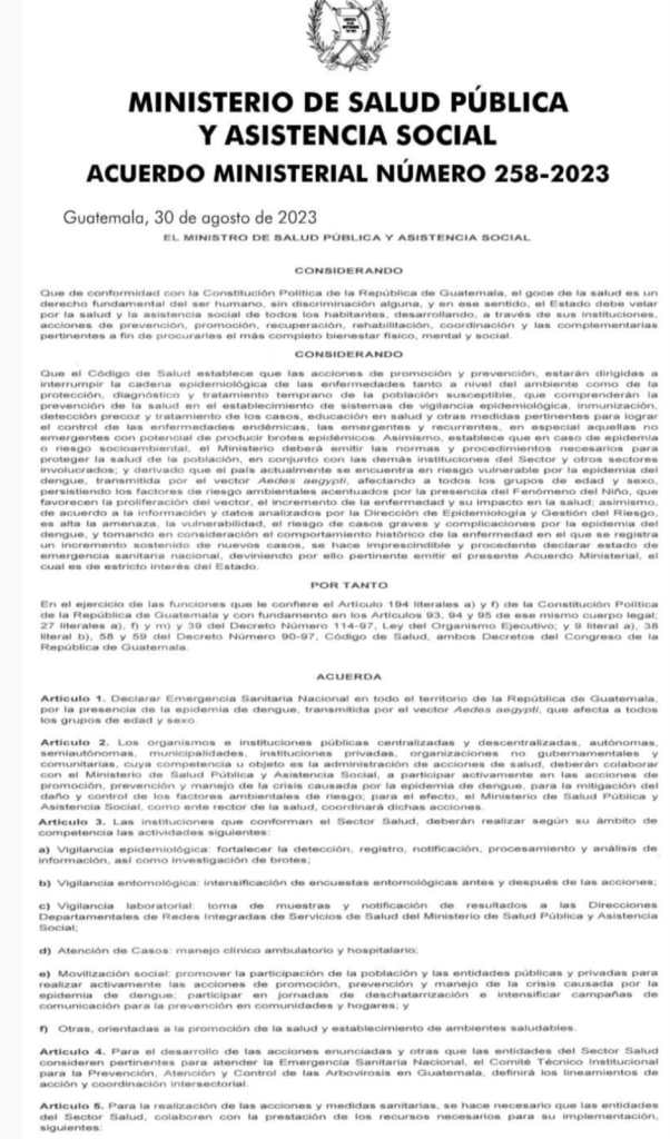 Acuerdo Gubernativo donde se declara estado de emergencia sanitaria nacional durante tres meses. 