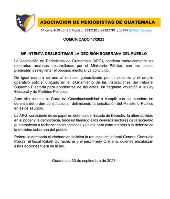 Foto: Comunicado de la APG.