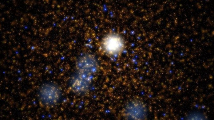 La imagen muestra un cúmulo estelar simulado tal como se calcula en las simulaciones del Dragon-II.