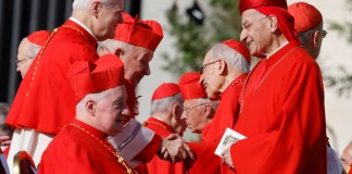 Varios cardenales se saludan mientras esperan que comience un consistorio en la Plaza de San Pedro, en el Vaticano, donde el papa Francisco creará 21 nuevos cardenales. Foto La Hora/AP
