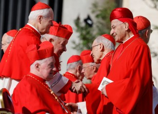 Varios cardenales se saludan mientras esperan que comience un consistorio en la Plaza de San Pedro, en el Vaticano, donde el papa Francisco creará 21 nuevos cardenales. Foto La Hora/AP