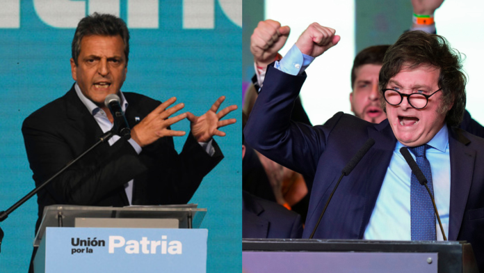 Los candidatos que van a una segunda vuelta en las elecciones de Argentina, a la izquierda Sergio Massa, ministro de Economía y candidato presidencial del partido gobernante; a la derecha Javier Milei, candidato presidencial de La Libertad Avanza.