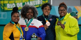 Desde la izquierda, el podio de la división +78kg, la colombiana Brigitte Carabalí (plata), la cubana Idalys Ortiz (oro), la dominicana Moira Morillo (bronce) y la brasileña Beatriz Rodrigues de Souza (bronce) del judo de los Juegos Panamericanos en Santiago, Chile