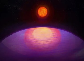 Representación gráfica del recién descubierto planeta LHS 3154b y su estrella (LHS 3154).Penn State
