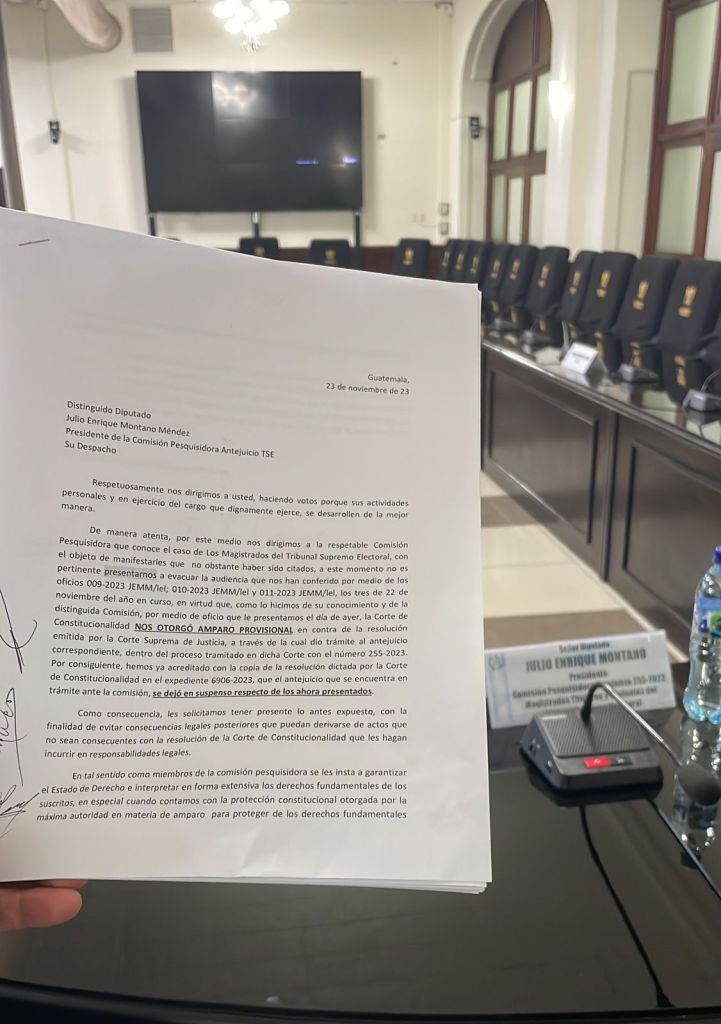 Solicitud de los magistrados suplentes del Tribunal Supremo Electoral (TSE) para no acudir la citación programada para este jueves 23 de noviembre, y en la cual se pide que la diligencia sea reprogramada.