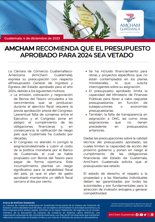 Comunicado emitido el 4 de diciembre por AmCham exigiendo el veto del presupuesto 2024.