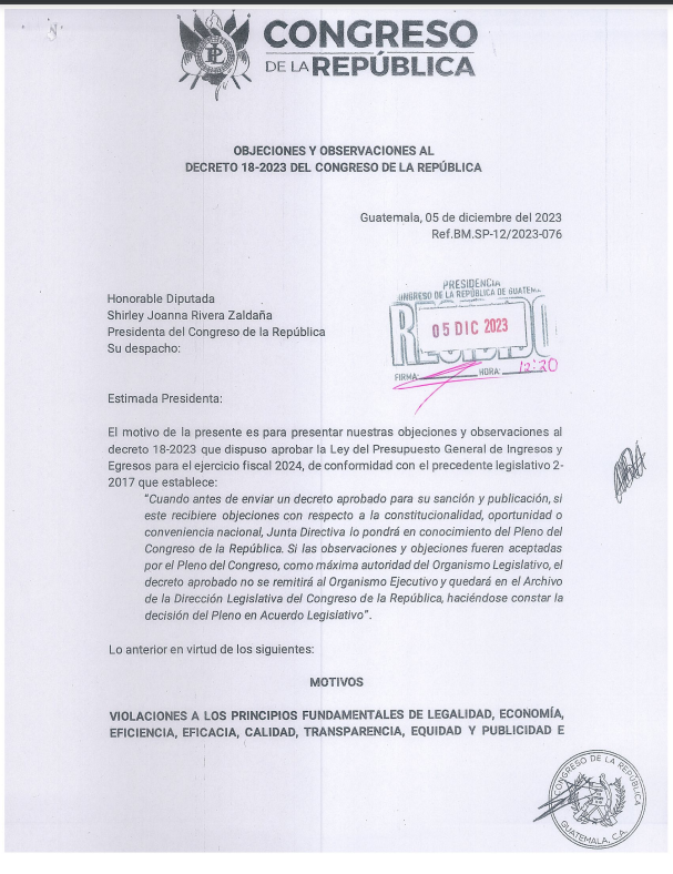 Documento con las objeciones al presupuesto 2024. Semilla.