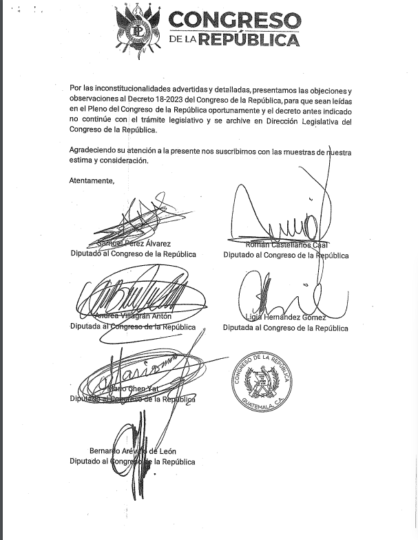 Firmas de los diputados en las objeciones al presupuesto 2024. Semilla.