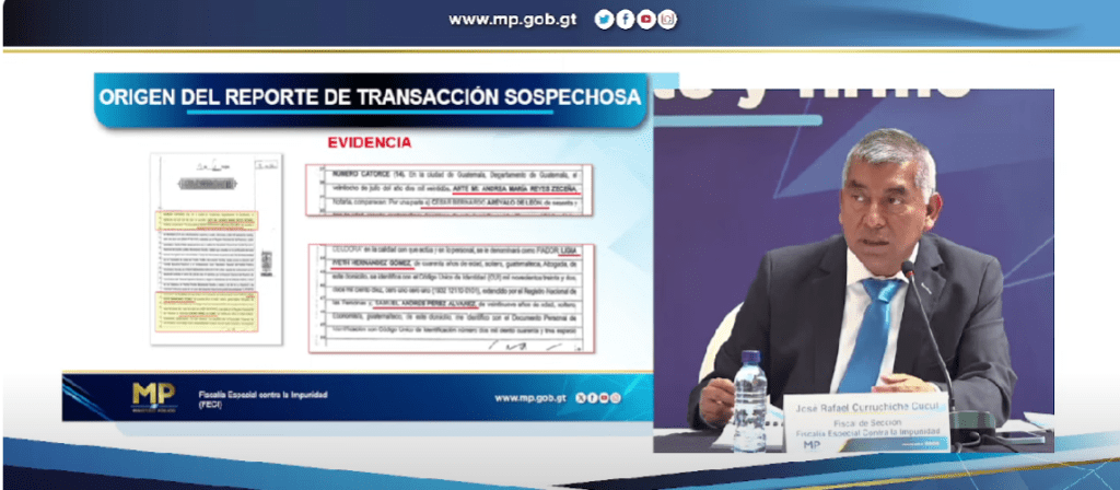 El fiscal Curruchiche presenta supuesta evidencia de transacción sospechosa, con esto piensan solicitar retiro de antejuicio del presidente electo. 