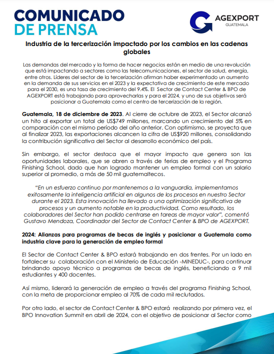 Comunicado de prensa emitido este 18 de diciembre por AGEXPORT. Fuente: AGEXPORT.