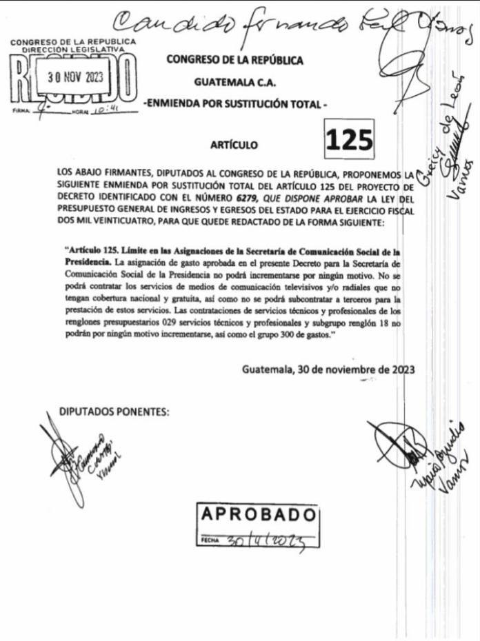 La enmienda del artículo 125 que fue cuenta con las firmas de diputados oficialistas.