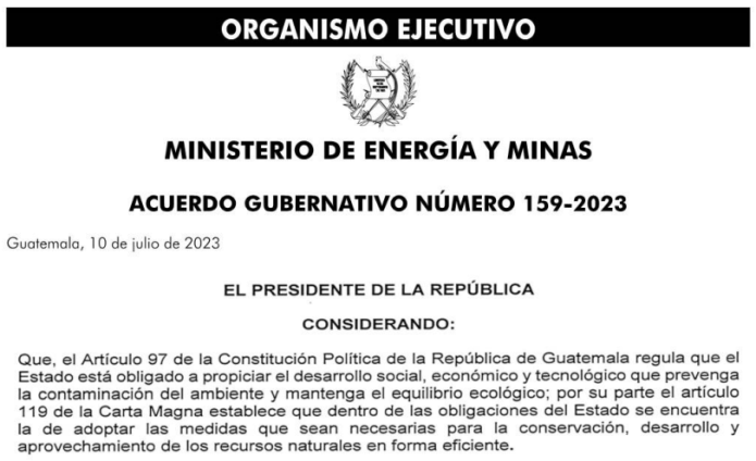 Acuerdo gubernativo número 159-2023, Reglamento General de la Ley de Alcohol Carburante. Fuente: MEM/La Hora