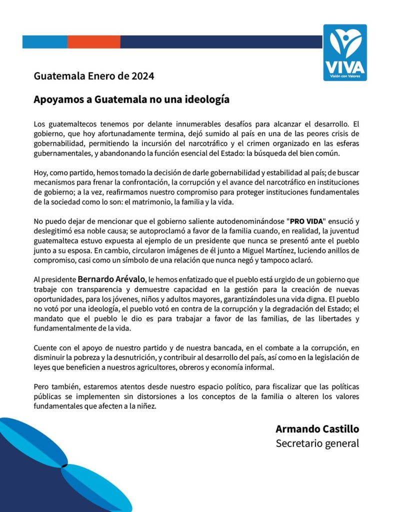 Comunicado del secretario general del partido político Visión con Valores (VIVA), Armando Castillo.Foto: VIVA/LaHora