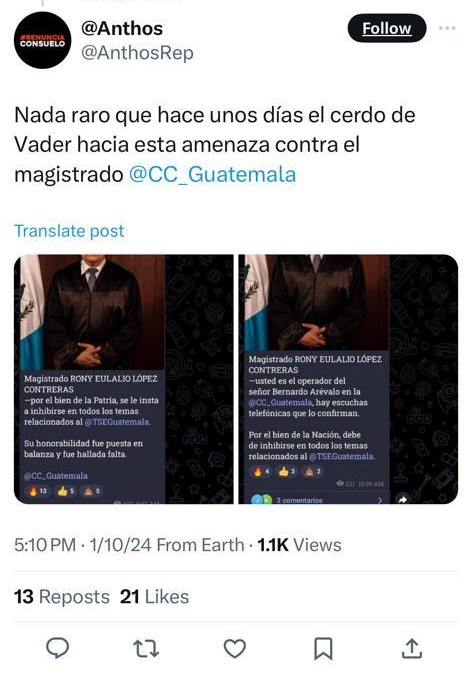 Captura de pantalla de un internauta quien recordó una intimidación contra el magistrado desde la cuenta ¡Yes Máster! Foto: Redes sociales/La Hora