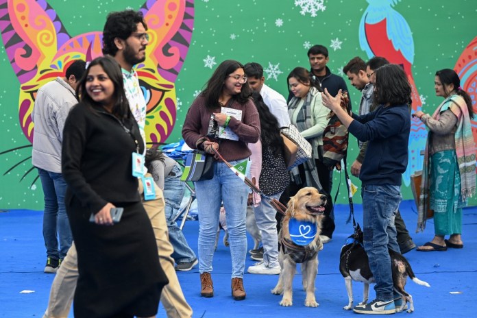 La gente junto con sus mascotas visitan 'Pet Fed', un festival de mascotas en Nueva Delhi el 17 de diciembre de 2023. Foto de Sajjad HUSSAIN / AFP