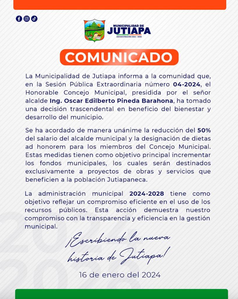 A través de un comunicado de informó de la reducción del salario del alcalde de Jutiapa. Foto: Facebook Municipalidad de Jutiapa/La Hora