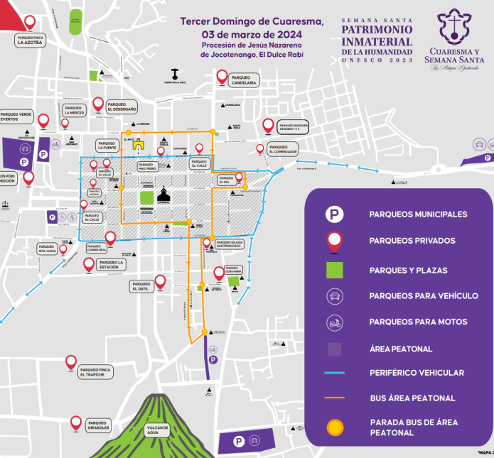 Mapa del recorrido del cortejo procesional y parqueos para el domingo 3 de marzo. 