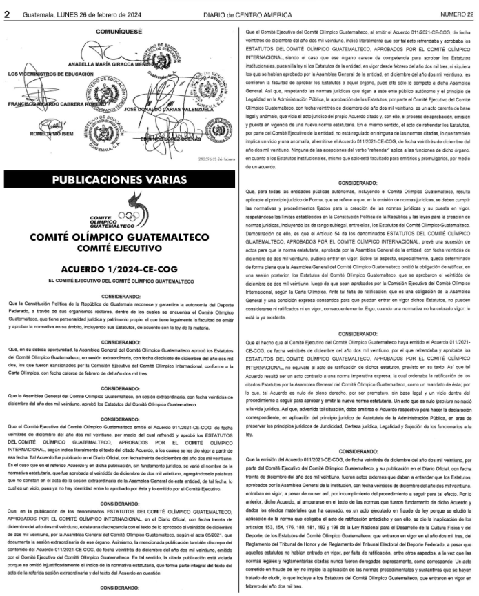 En el Diario de Centro América se publicó el Acuerdo 01/2024-CE-COG. 
