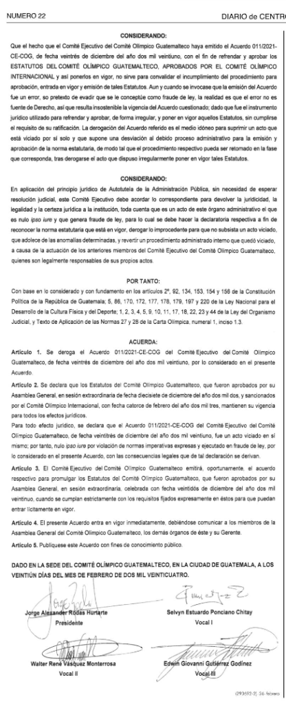 El acuerdo mantiene vigente los estatutos aprobados por el COG y sancionados por el COI. 