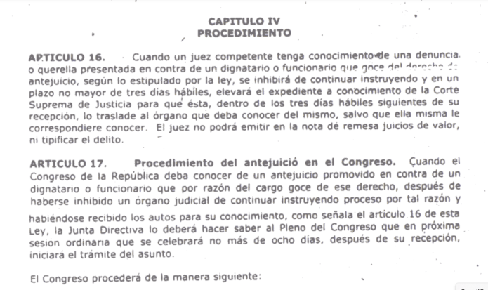 La Ley en Materia de Antejuicio fija el procedimiento que deberá llevar el Congreso. 