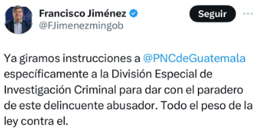 El ministro de Gobernación, Francisco Jiménez, manifestó su rechazo a la agresión cometida en contra de una menor de edad que fue tocada de manera inapropiada por el conductor de un vehículo. Foto: X Francisco Jiménez