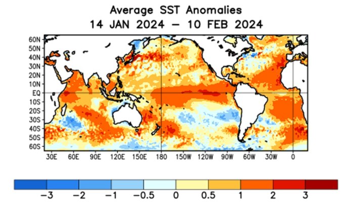 En el mapa se puede observar el calentamiento del Pacífico. 