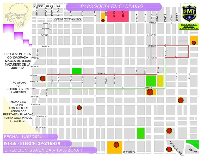 Este es el recorrido que tendrá la procesión de Jesús Nazareno de la Justicia, de la parroquia El Calvario, zona 1. 