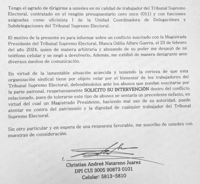 Natareno envió una carta para solicitar la intervención del sindicato del TSE. 