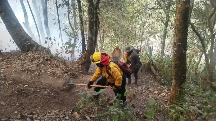 La Conred anunció que desde el mediodía de este 29 de febrero, se calcula que el incendio en el volcán de Agua está controlado en un 80%. Foto: Ejército de Guatemala