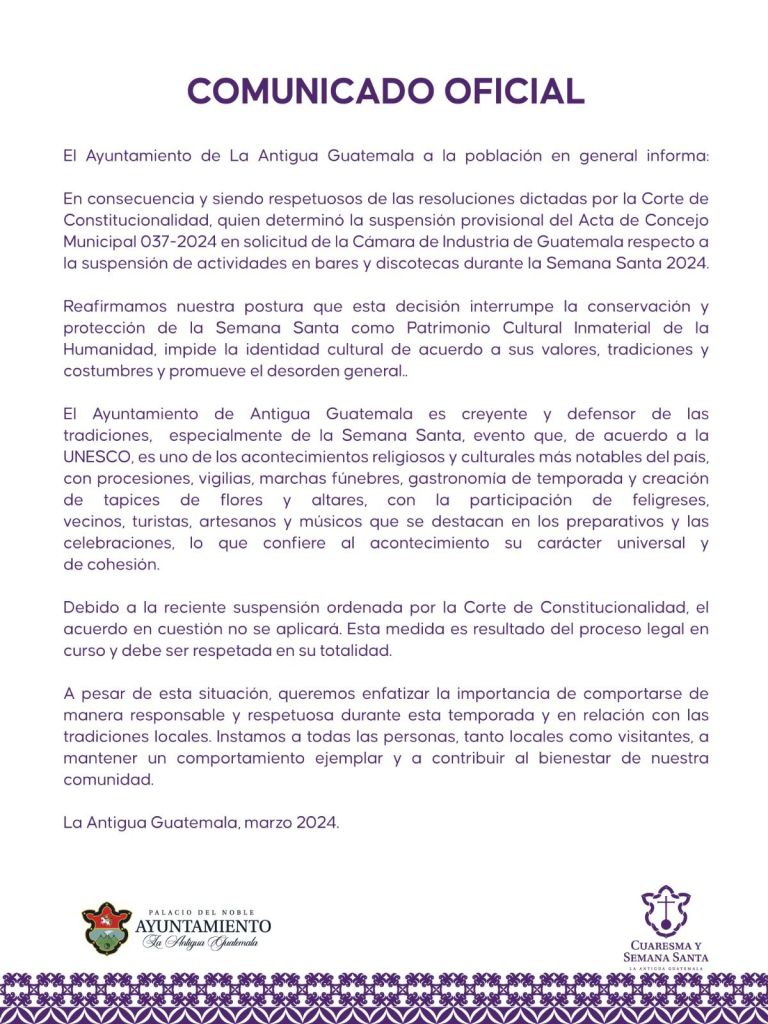 Comunicado del Ayuntamiento de La Antigua Guatemala. Foto La Hora: Ayuntamiento de La AntiguaGuatemala