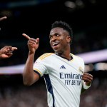 Vinicius Junior celebra tras marcar el primer gol del Real Madrid en la victoria 4-0 ante Celta en la liga española, el domingo 10 de marzo de 2024, en Madrid. Foto: Manu Fernández-AP/La Hora