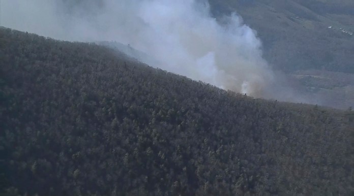 El humo de un incendio forestal cubre el cielo en el Parque Nacional Shenandoah cerca de Luray, Virginia, el jueves 21 de marzo de 2024. (WJLA vía AP)
